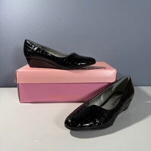 Proxy Emastine Womens Black Crocodile Reptile Patent‎ Wedge Pumps Shoes 6.5 M